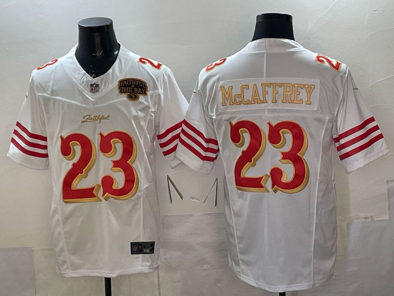 Men 2026 San Francisco 49ers #23 Mccaffrey White Gold 5th generations Nike Limited NFL Jersey style 006